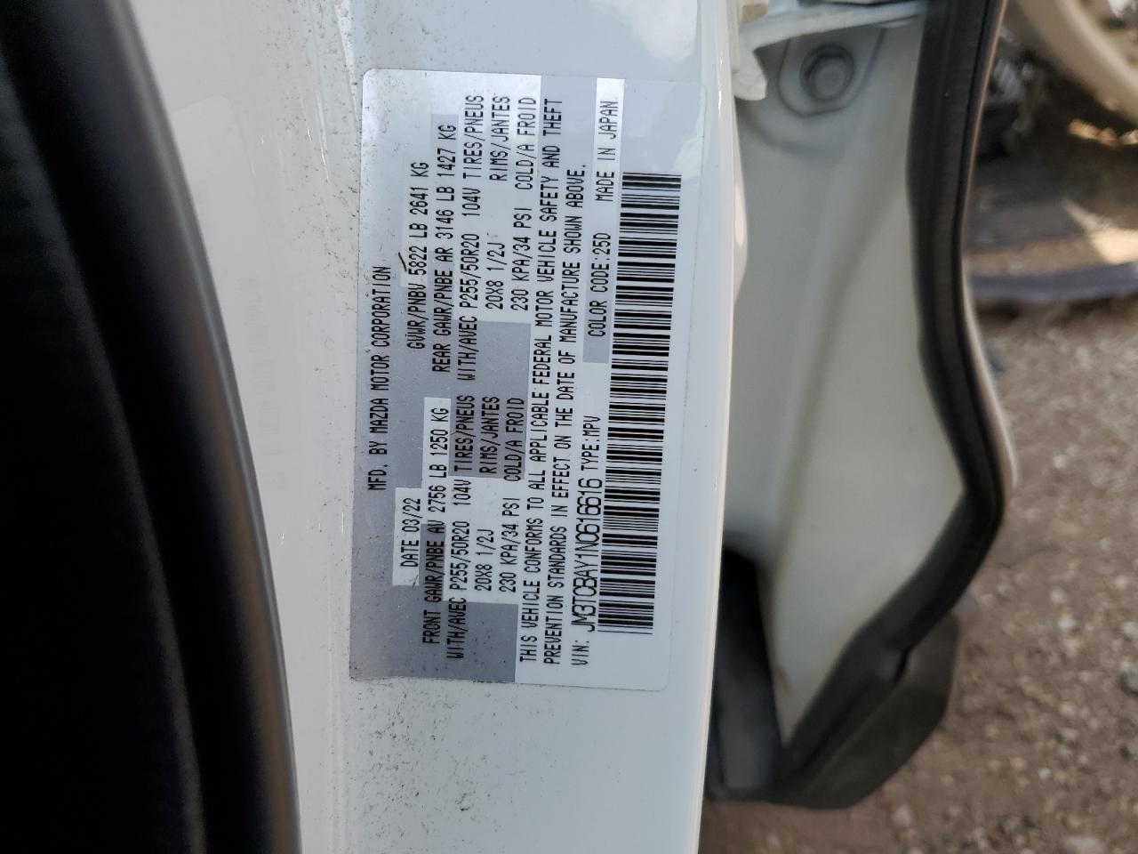 2022 MAZDA CX-9 TOURING PLUS VIN:JM3TCBAY1N0616616