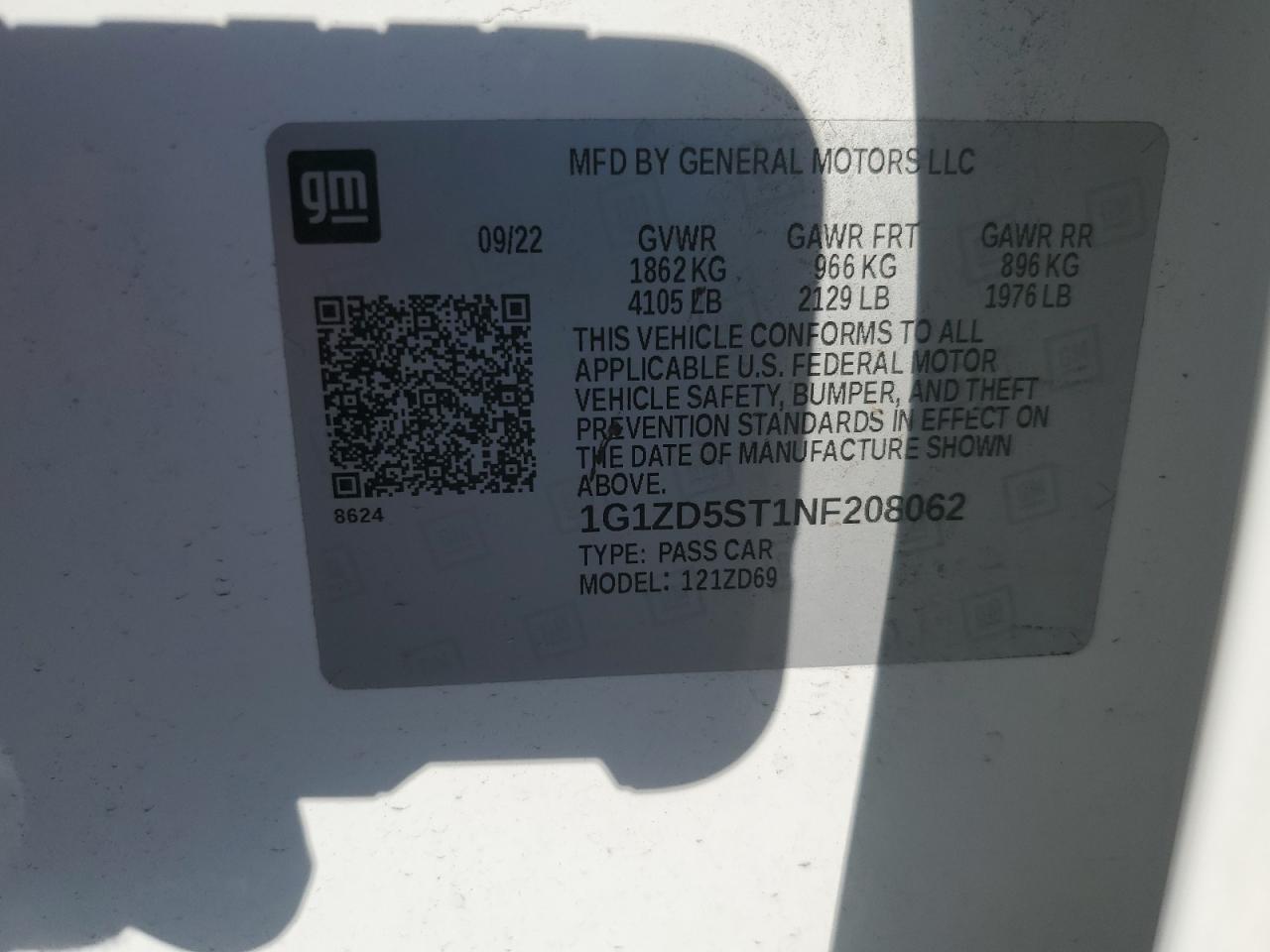 2022 CHEVROLET MALIBU LT VIN:1G1ZD5ST1NF208062