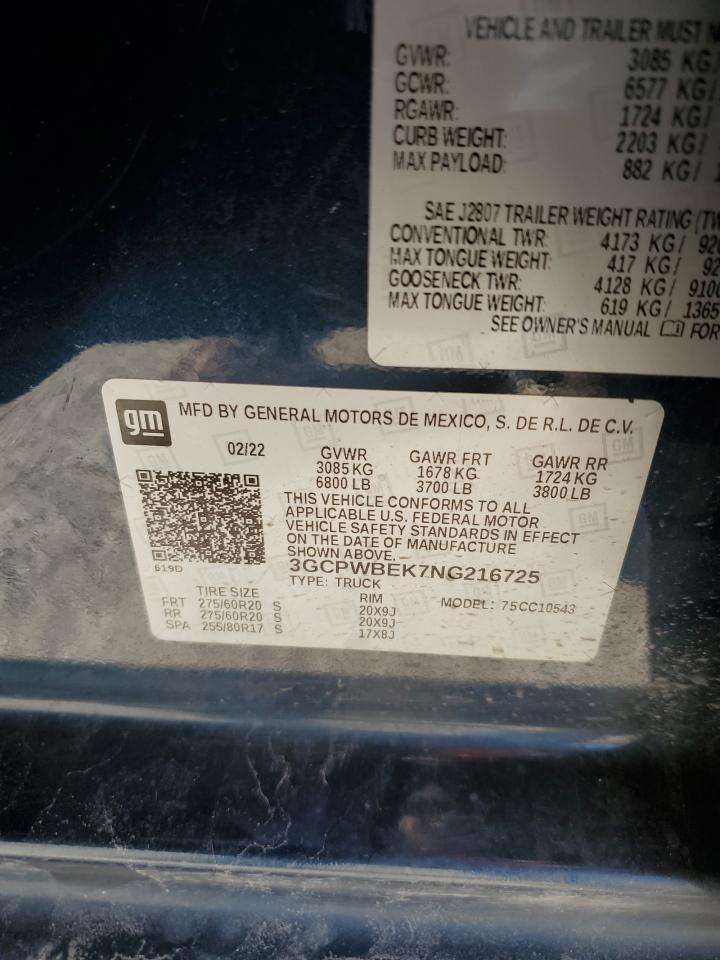 2022 CHEVROLET SILVERADO LTD C1500 CUSTOM VIN:3GCPWBEK7NG216725