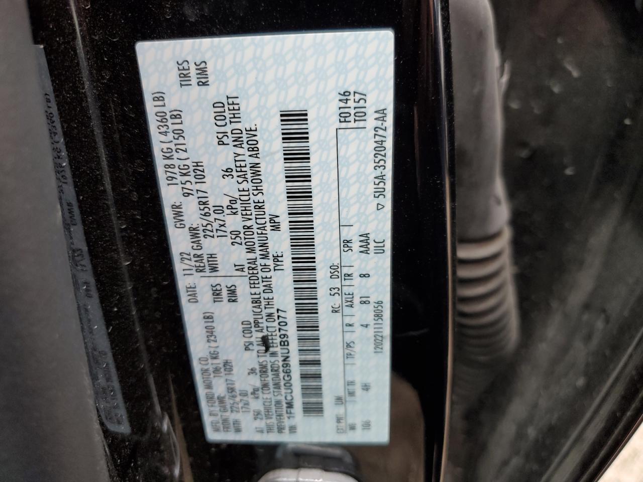 2022 FORD ESCAPE SE VIN:1FMCU0G69NUB97077