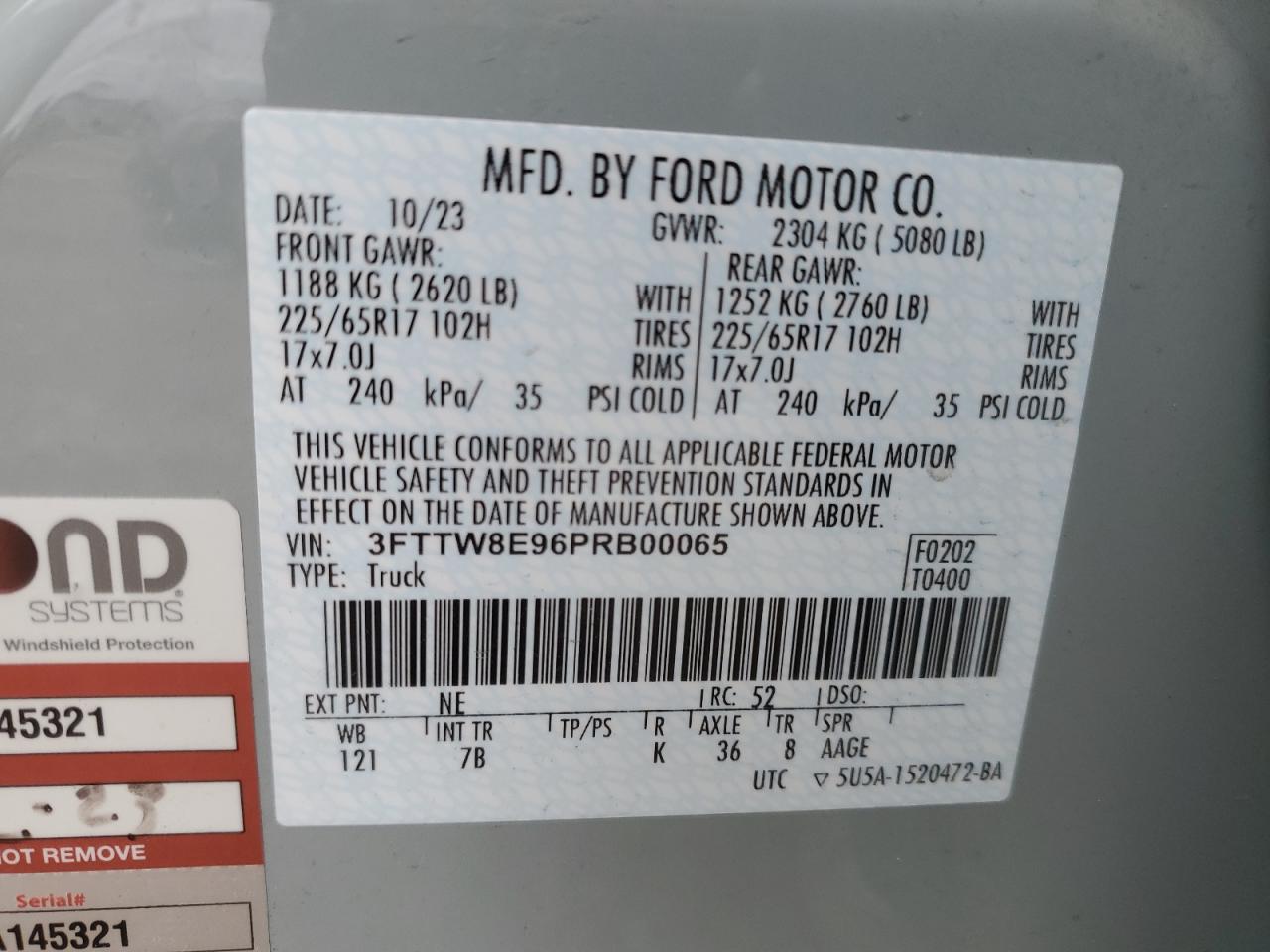 2023 FORD MAVERICK XL VIN:3FTTW8E96PRB00065