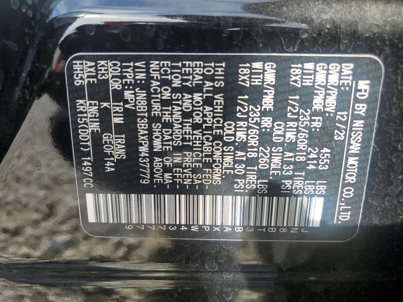 2023 NISSAN ROGUE SV VIN:JN8BT3BAXPW437779