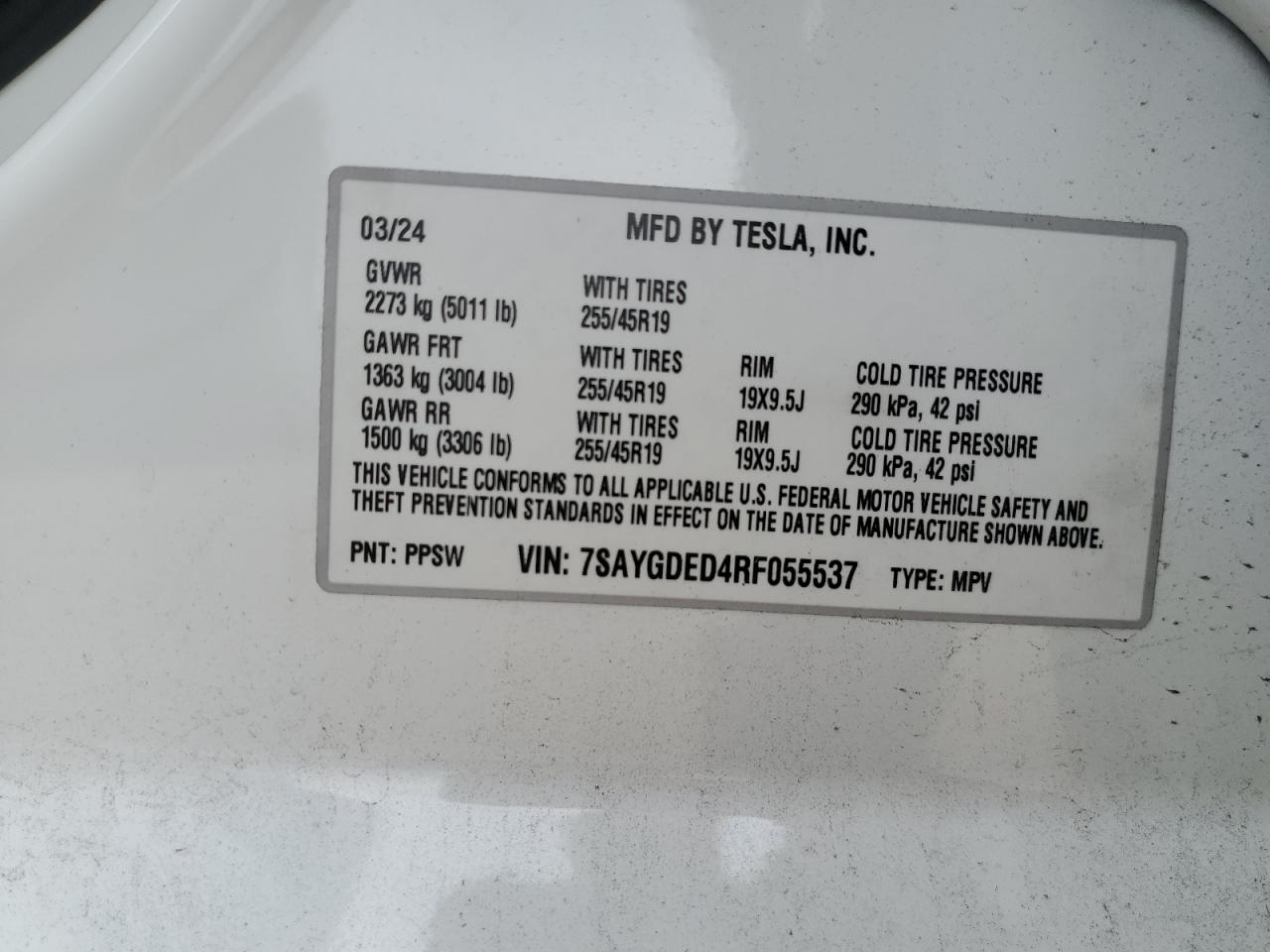 2024 TESLA MODEL Y  VIN:7SAYGDED4RF055537