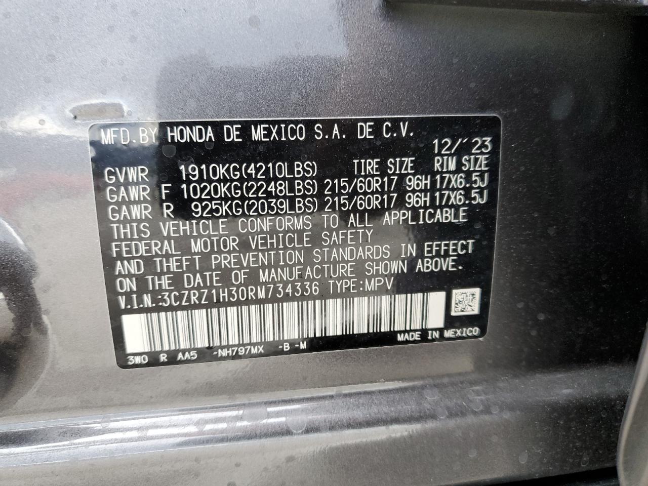 2024 HONDA HR-V LX VIN:3CZRZ1H30RM734336