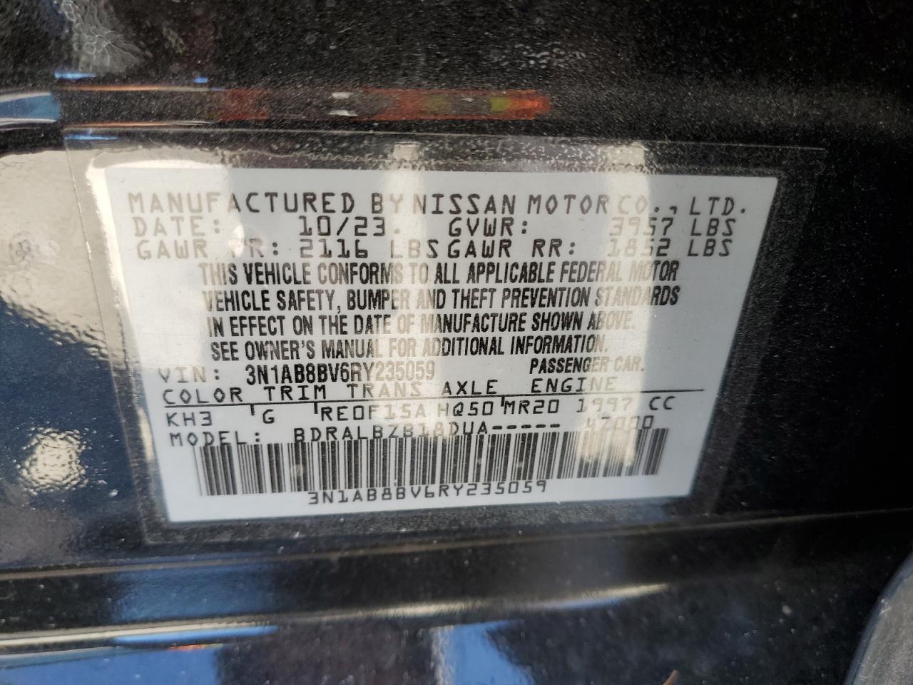 2024 NISSAN SENTRA S VIN:3N1AB8BV6RY235059