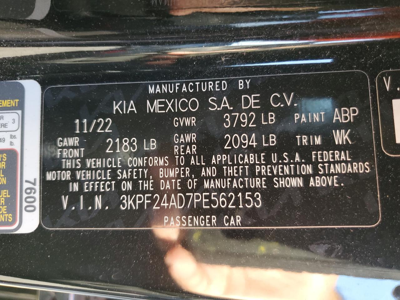 2023 KIA FORTE LX VIN:3KPF24AD7PE562153