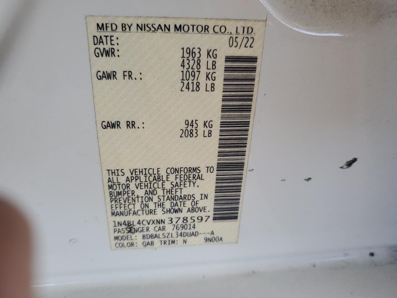 2022 NISSAN ALTIMA SR VIN:1N4BL4CVXNN378597
