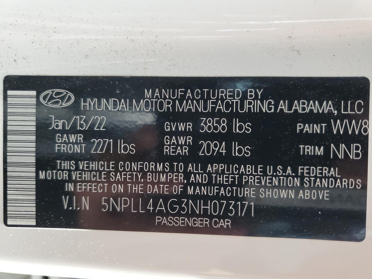 2022 HYUNDAI ELANTRA SE VIN:5NPLL4AG3NH073171