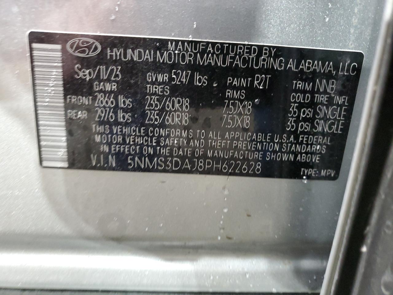 2023 HYUNDAI SANTA FE SEL PREMIUM VIN:5NMS3DAJ8PH622628