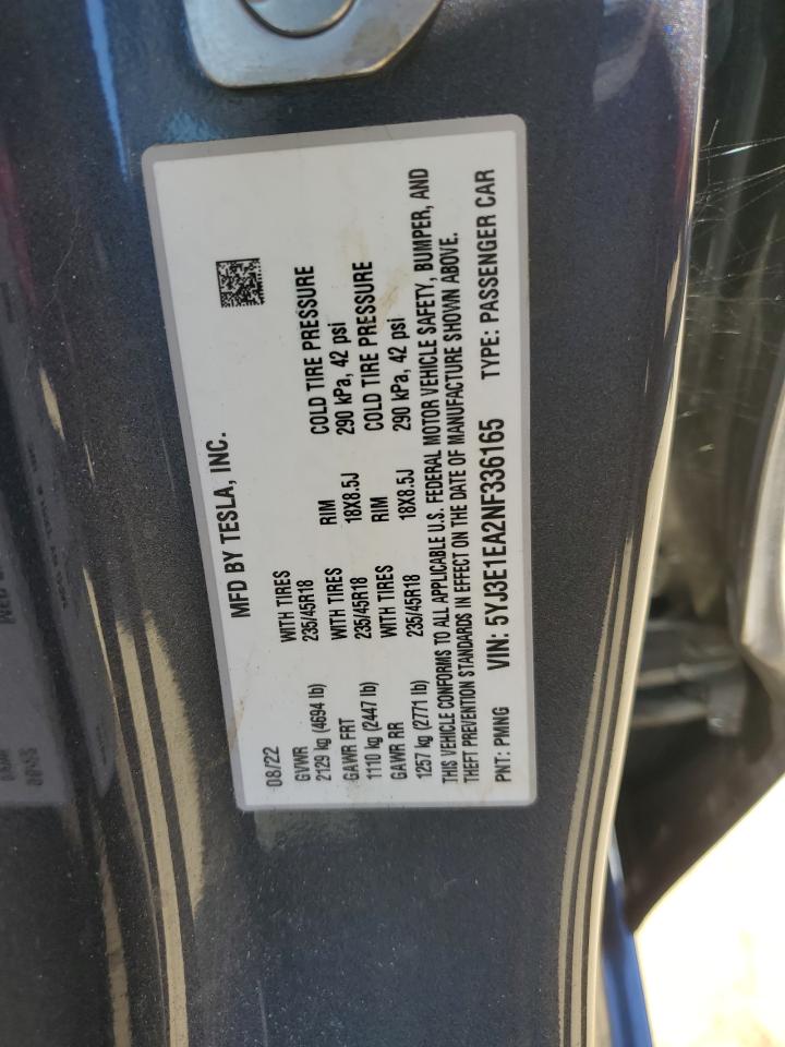 2022 TESLA MODEL 3  VIN:5YJ3E1EA2NF336165