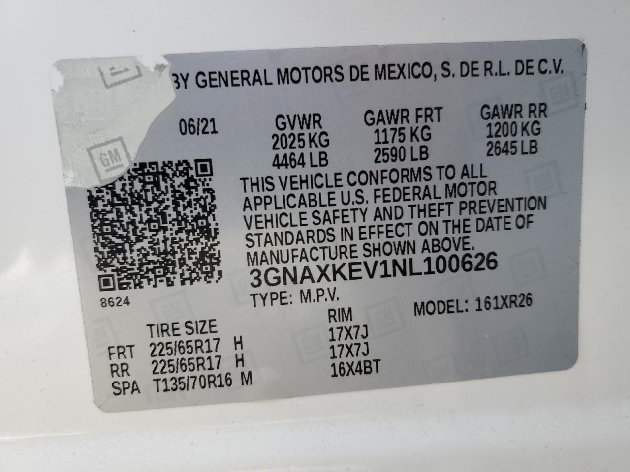 2022 CHEVROLET EQUINOX LT VIN:3GNAXKEV1NL100626