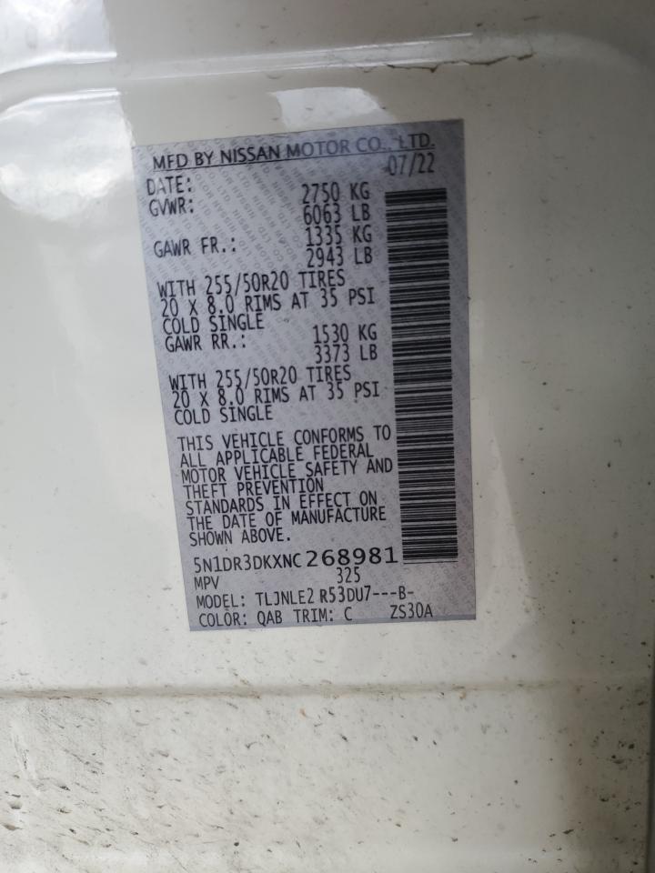 2022 NISSAN PATHFINDER PLATINUM VIN:5N1DR3DKXNC268981