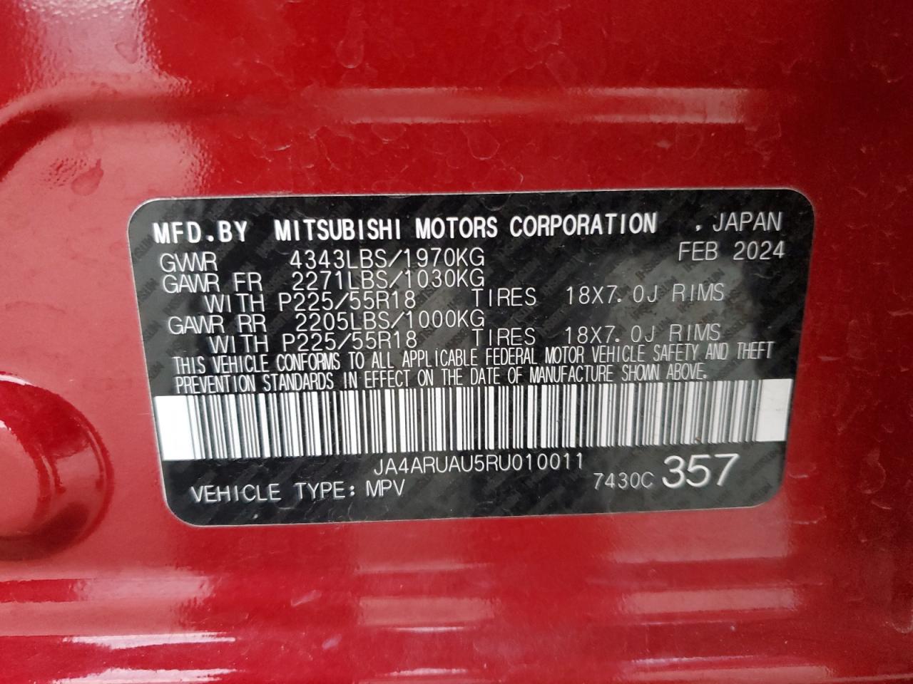 2024 MITSUBISHI OUTLANDER SPORT S/SE VIN:JA4ARUAU5RU010011