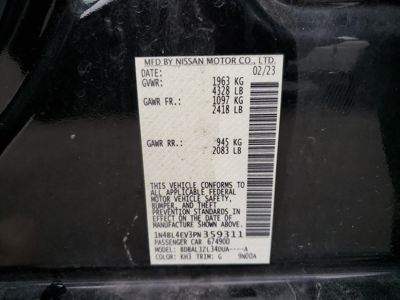 2023 NISSAN ALTIMA SL VIN:1N4BL4EV3PN359311