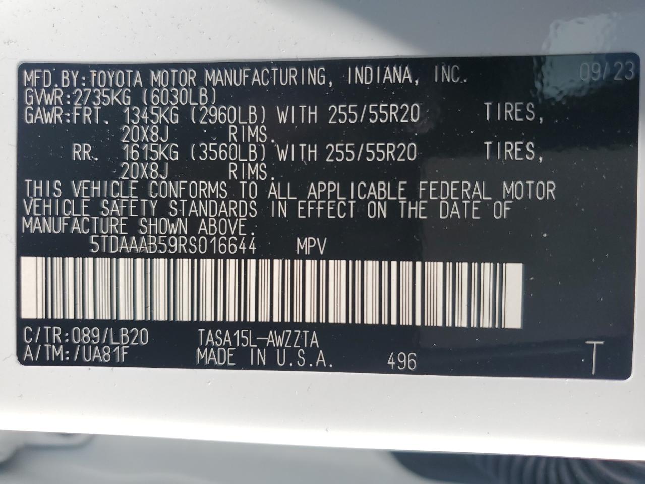 2024 TOYOTA GRAND HIGHLANDER XLE VIN:5TDAAAB59RS016644