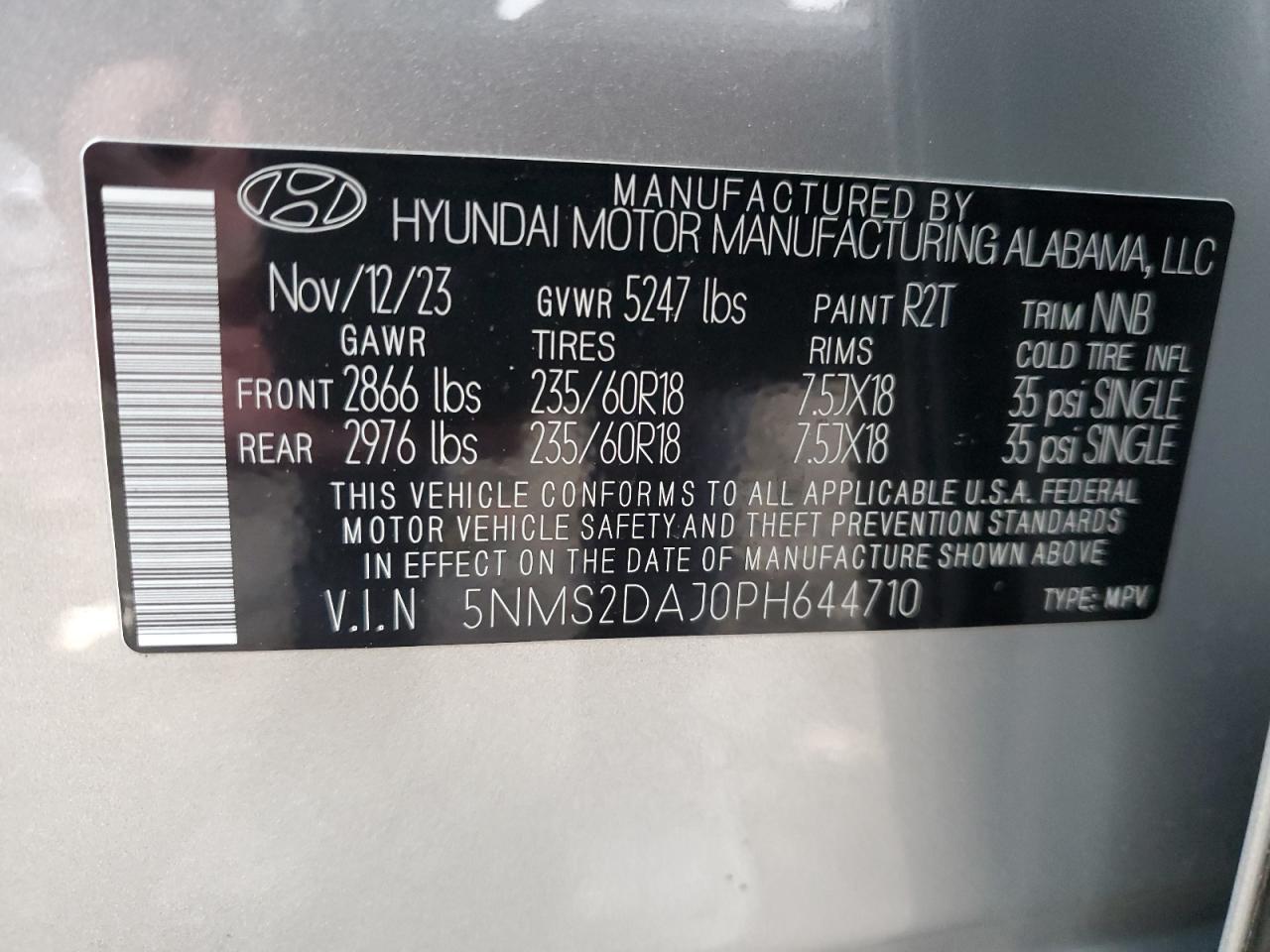 2023 HYUNDAI SANTA FE SEL VIN:5NMS2DAJ0PH644710