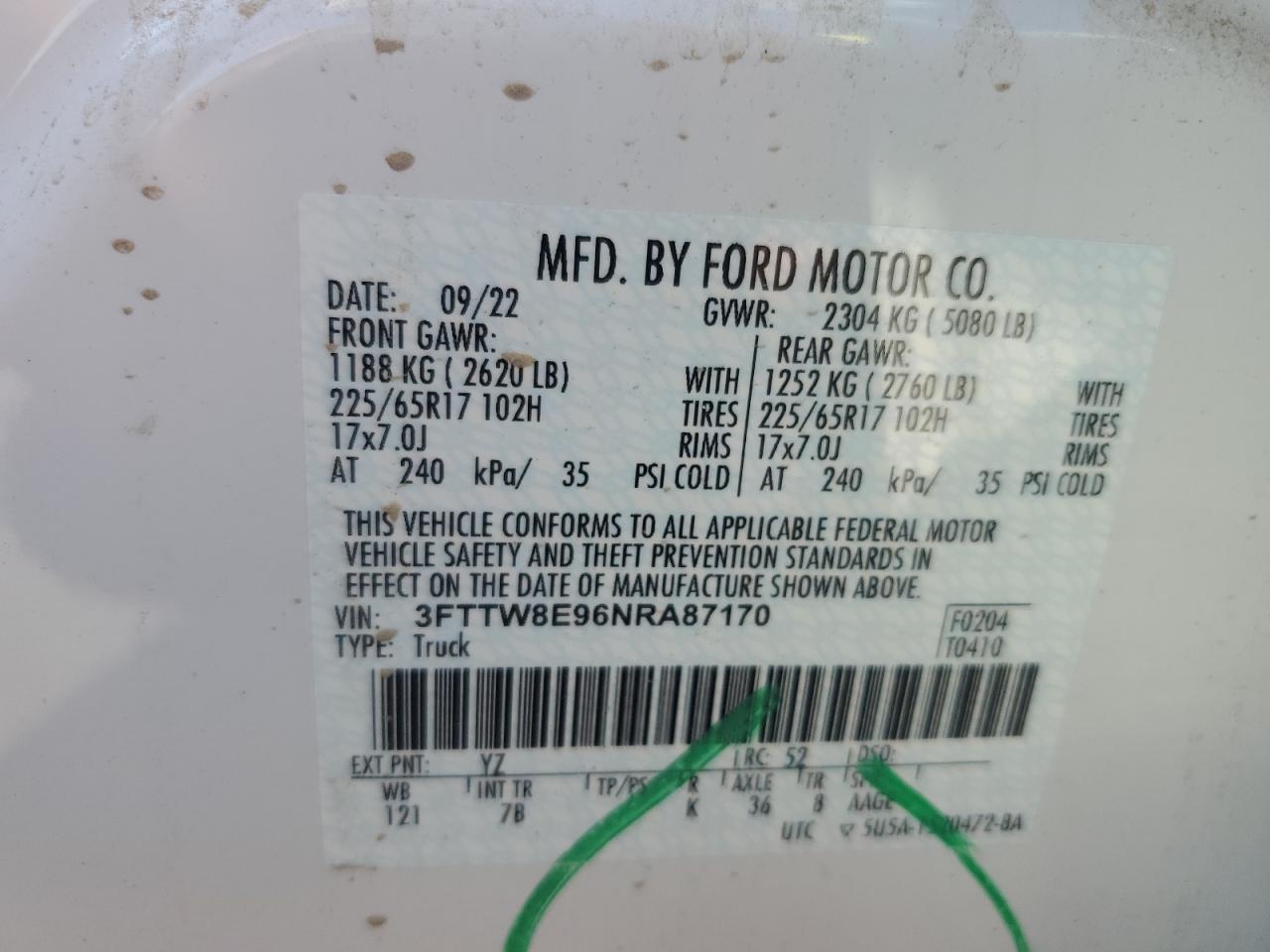 2022 FORD MAVERICK XL VIN:3FTTW8E96NRA87170