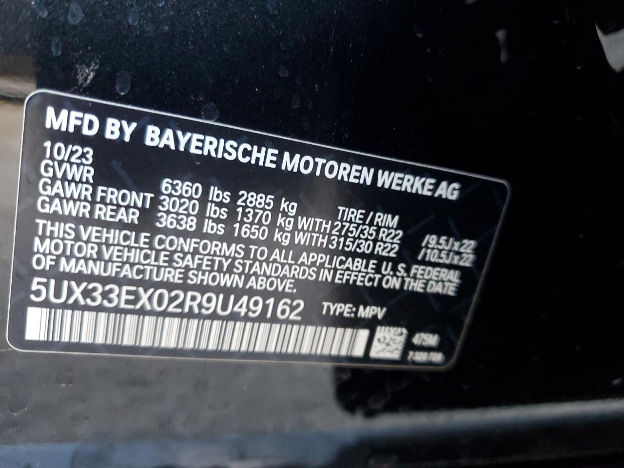 2024 BMW X6 XDRIVE40I VIN:5UX33EX02R9U49162