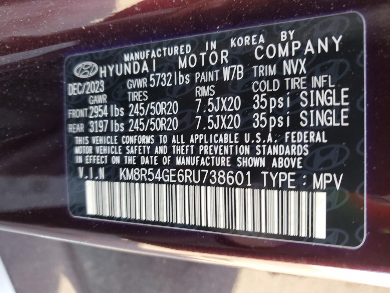 2024 HYUNDAI PALISADE LIMITED VIN:KM8R54GE6RU738601