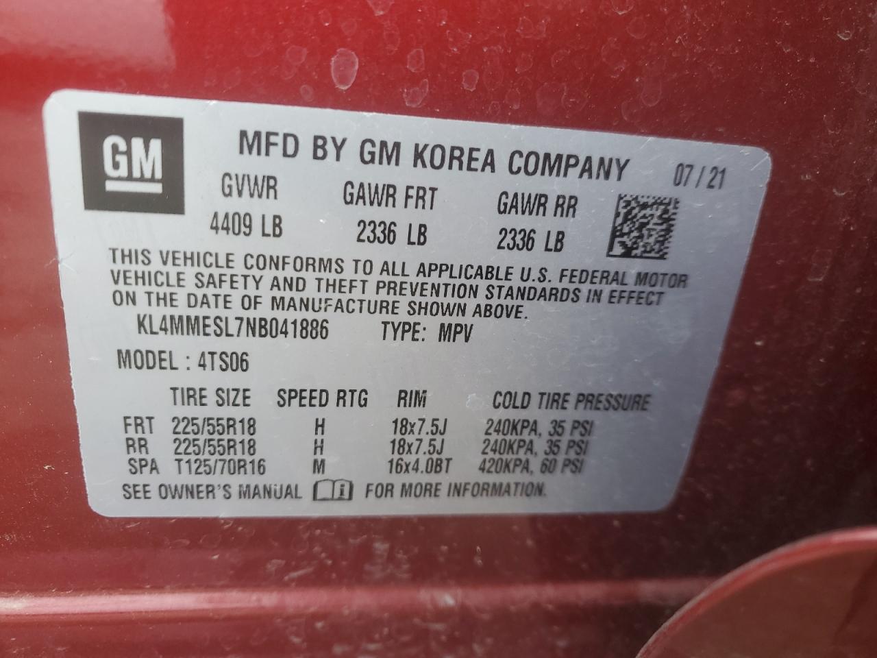 2022 BUICK ENCORE GX SELECT VIN:KL4MMESL7NB041886