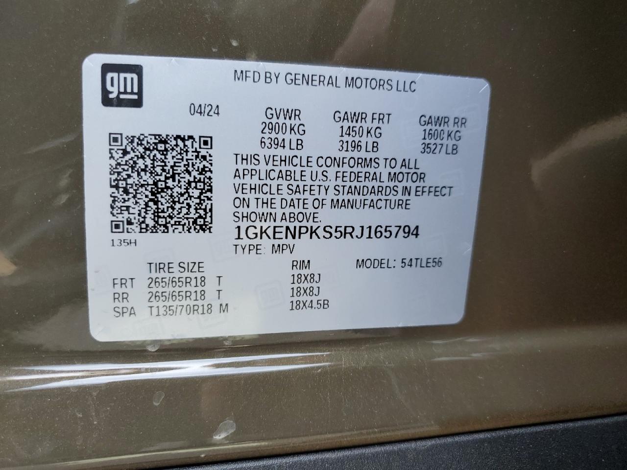 2024 GMC ACADIA AT4 VIN:1GKENPKS5RJ165794