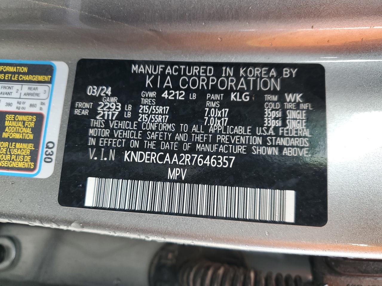 2024 KIA SELTOS EX VIN:KNDERCAA2R7646357