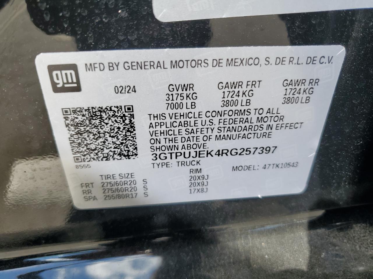 2024 GMC SIERRA K1500 ELEVATION-L VIN:3GTPUJEK4RG257397