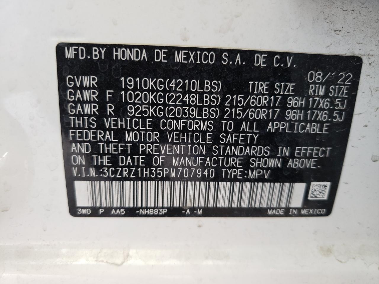 2023 HONDA HR-V LX VIN:3CZRZ1H35PM707940