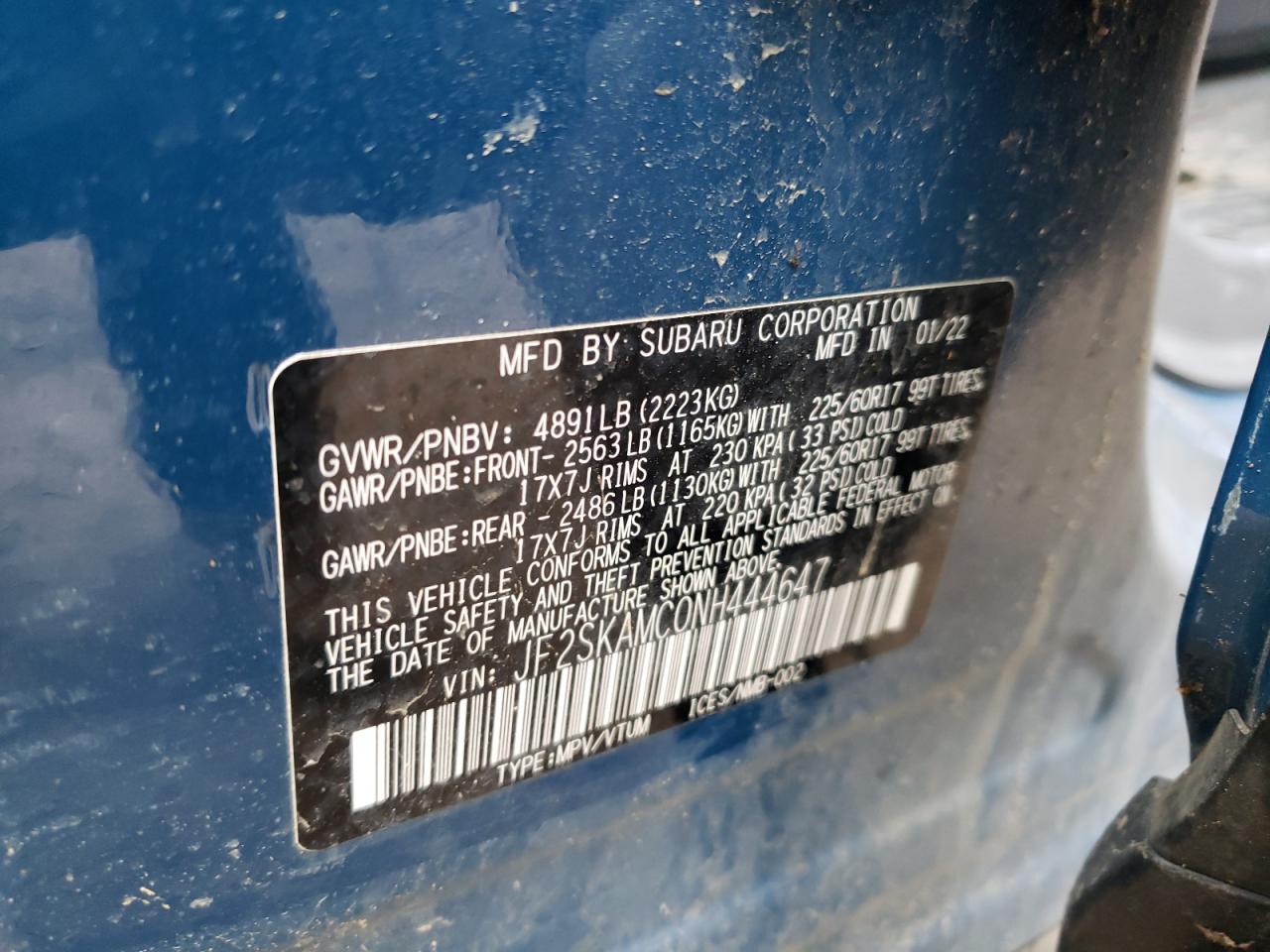 2022 SUBARU FORESTER WILDERNESS VIN:JF2SKAMC0NH444647