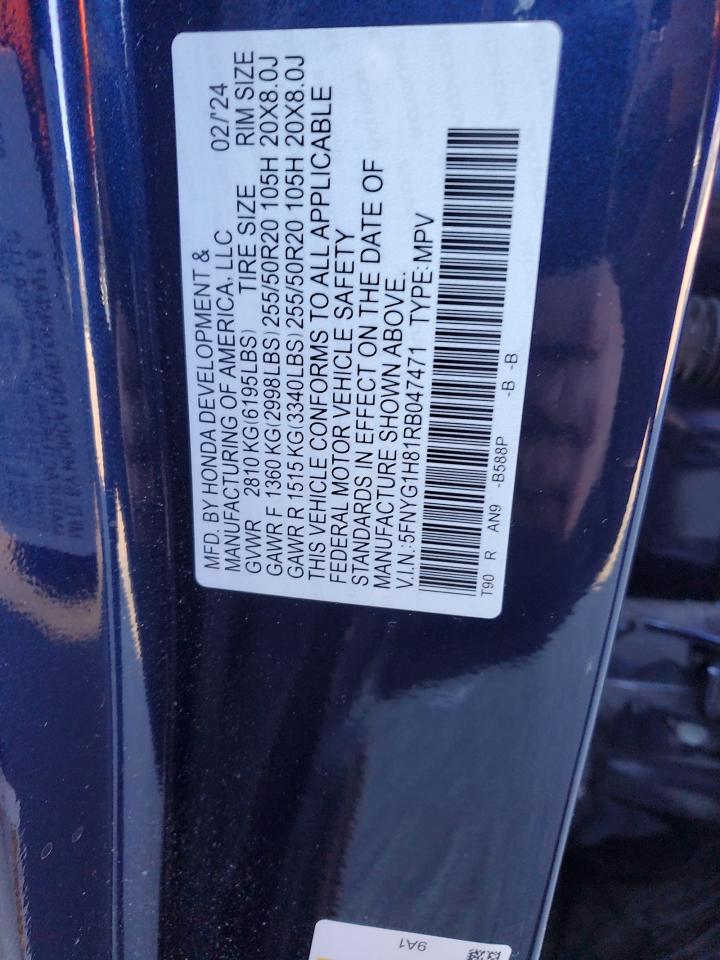 2024 HONDA PILOT ELITE VIN:5FNYG1H81RB047471