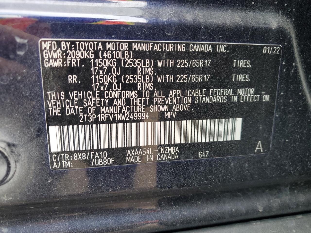 2022 TOYOTA RAV4 XLE VIN:2T3P1RFV1NW249994