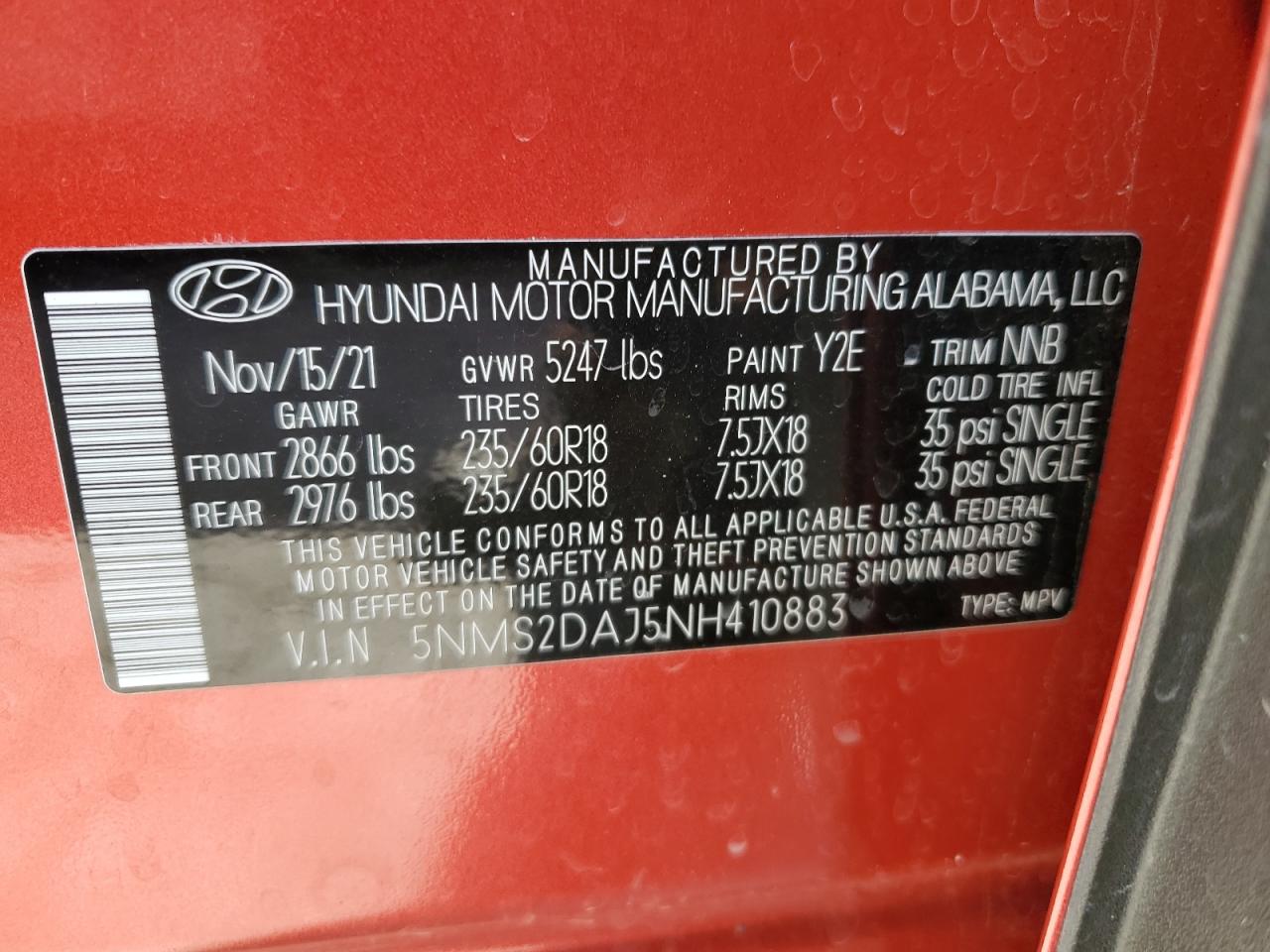 2022 HYUNDAI SANTA FE SEL VIN:5NMS2DAJ5NH410883