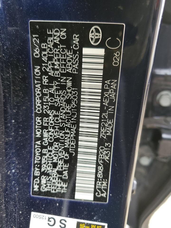 2022 TOYOTA COROLLA LE VIN:JTDEPMAE1NJ195031