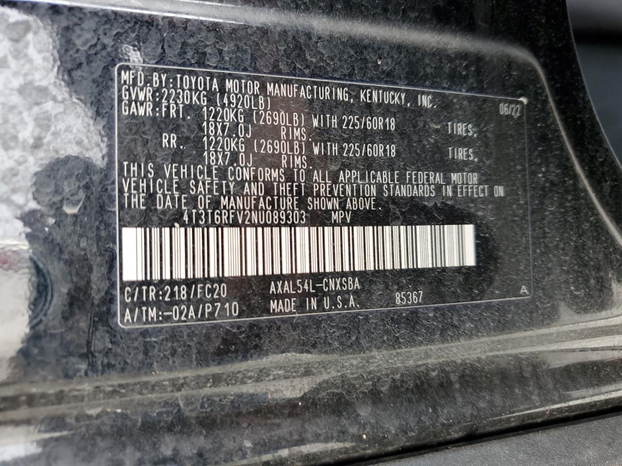 2022 TOYOTA RAV4 SE VIN:4T3T6RFV2NU089303