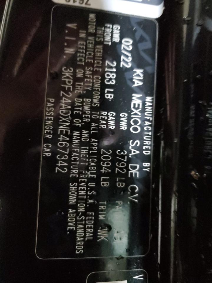 2022 KIA FORTE FE VIN:3KPF24ADXNE467342