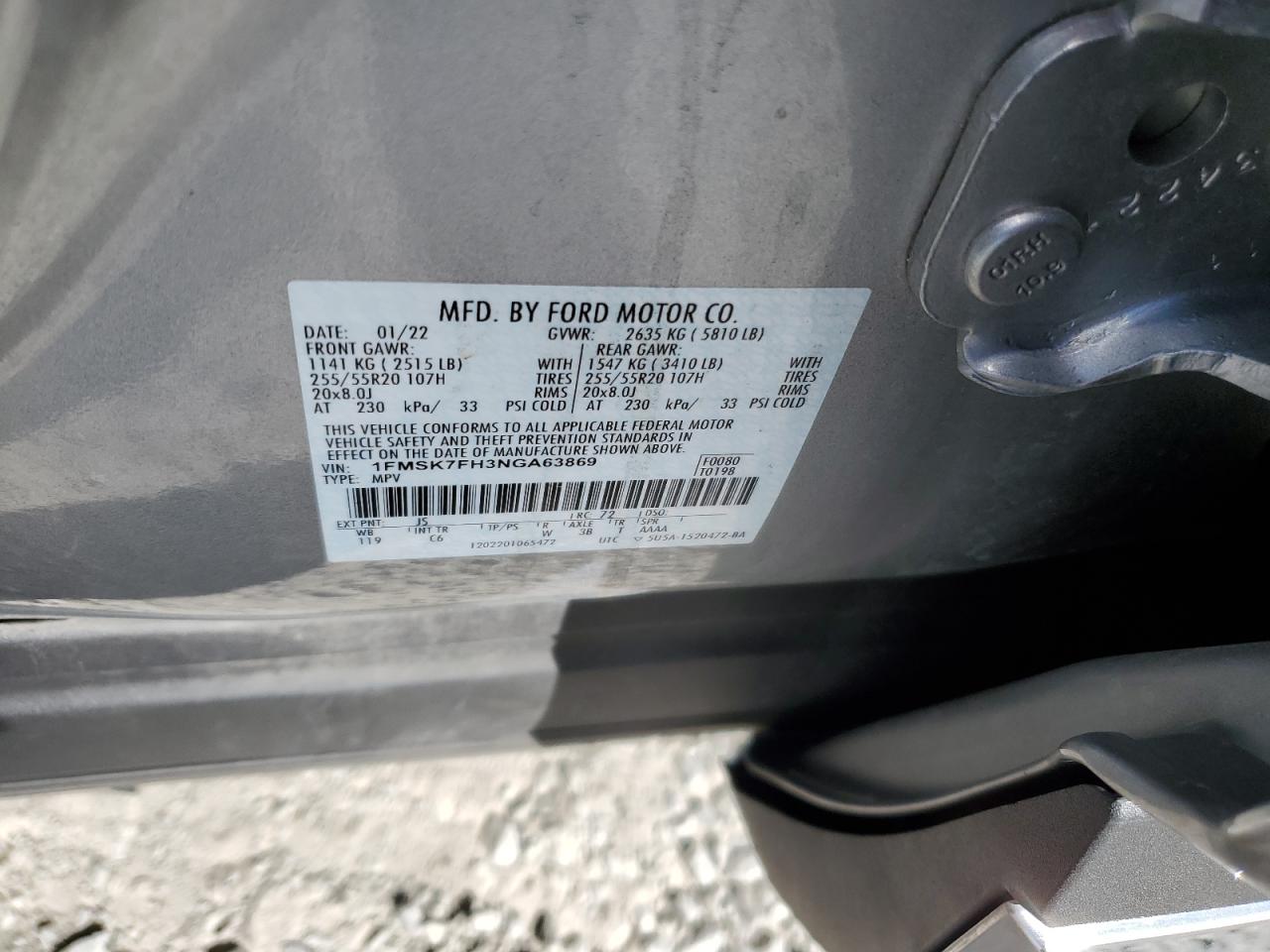 2022 FORD EXPLORER LIMITED VIN:1FMSK7FH3NGA63869