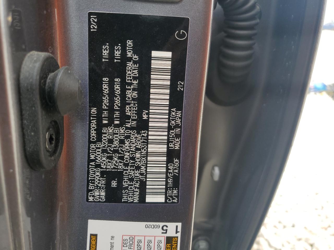 2022 LEXUS GX 460 VIN:JTJAM7BX1N5317143