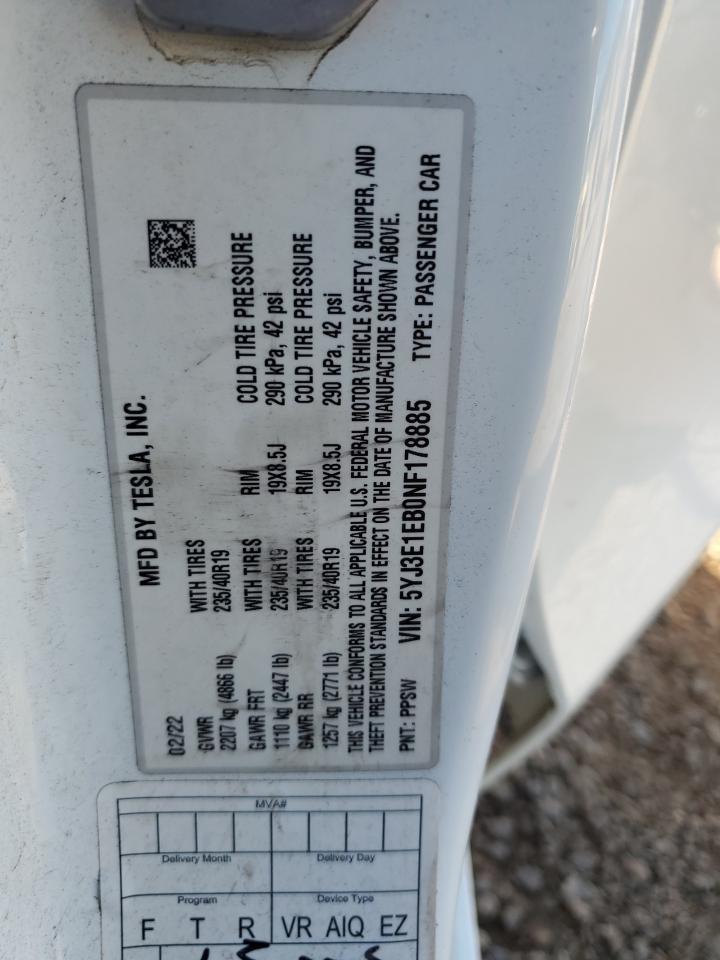 2022 TESLA MODEL 3 VIN:5YJ3E1EB0NF178885