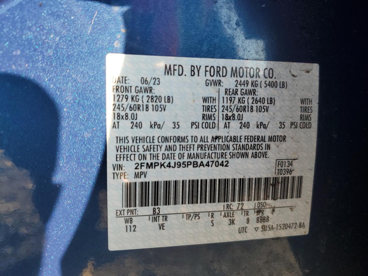 2023 FORD EDGE SEL VIN:2FMPK4J95PBA47042