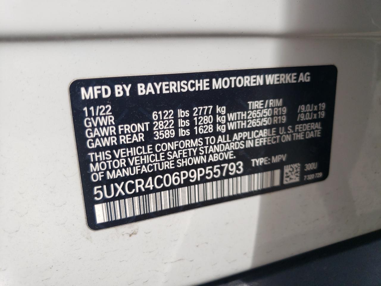 2023 BMW X5 SDRIVE 40I VIN:5UXCR4C06P9P55793