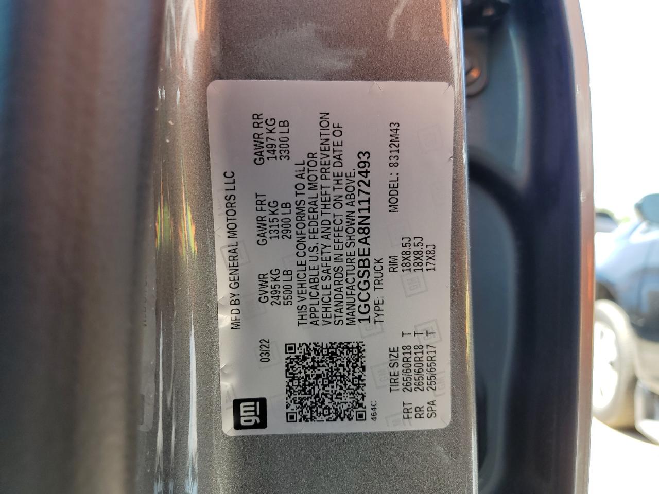 2022 CHEVROLET COLORADO  VIN:1GCGSBEA8N1172493