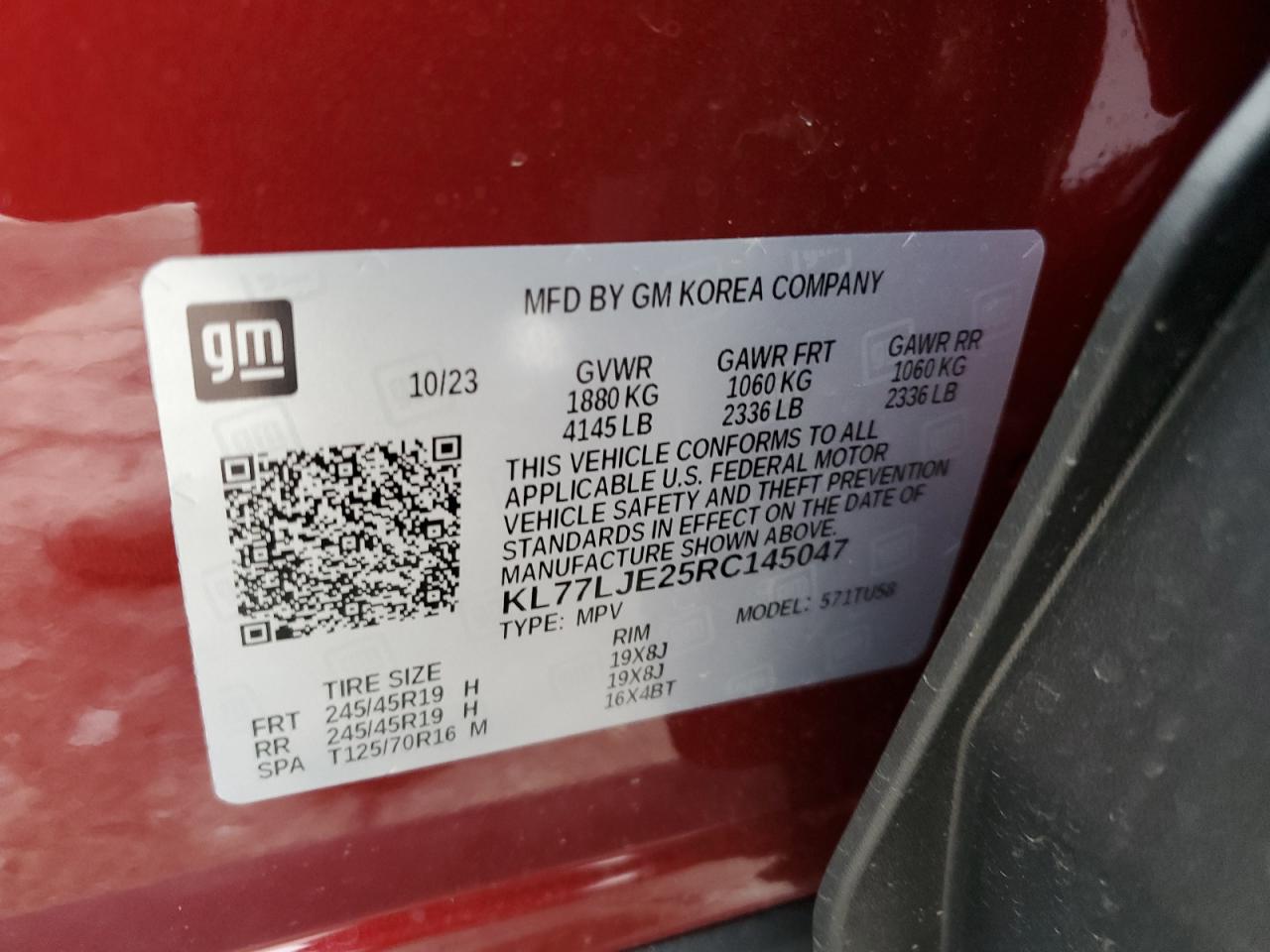 2024 CHEVROLET TRAX 2RS VIN:KL77LJE25RC145047