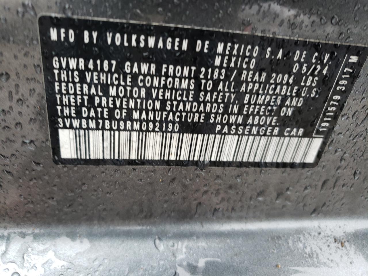 2024 VOLKSWAGEN JETTA SPORT VIN:3VWBM7BU9RM092190