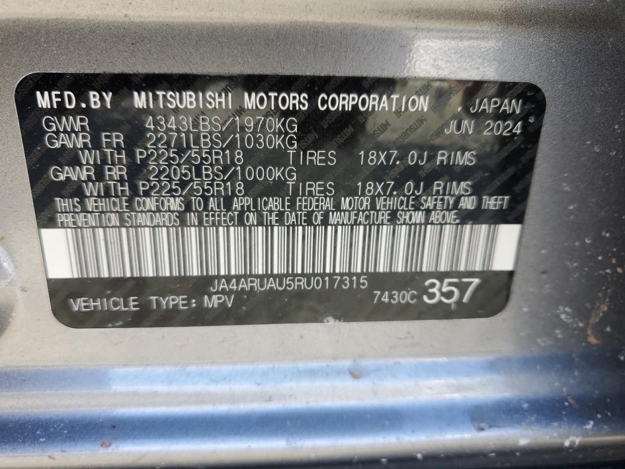 2024 MITSUBISHI OUTLANDER SPORT S/SE VIN:JA4ARUAU5RU017315