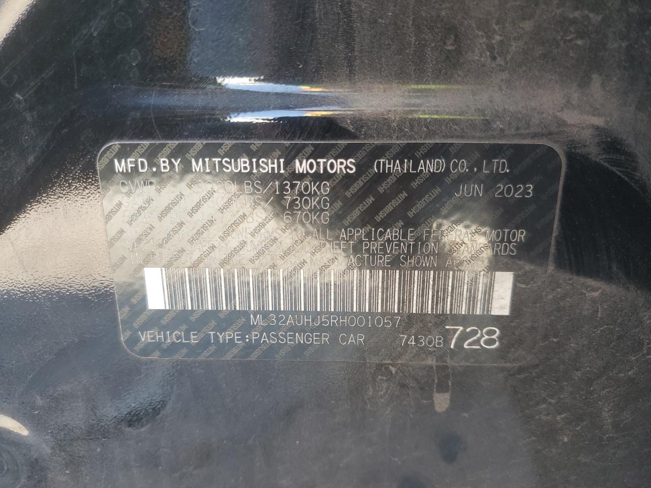 2024 MITSUBISHI MIRAGE ES VIN:ML32AUHJ5RH001057