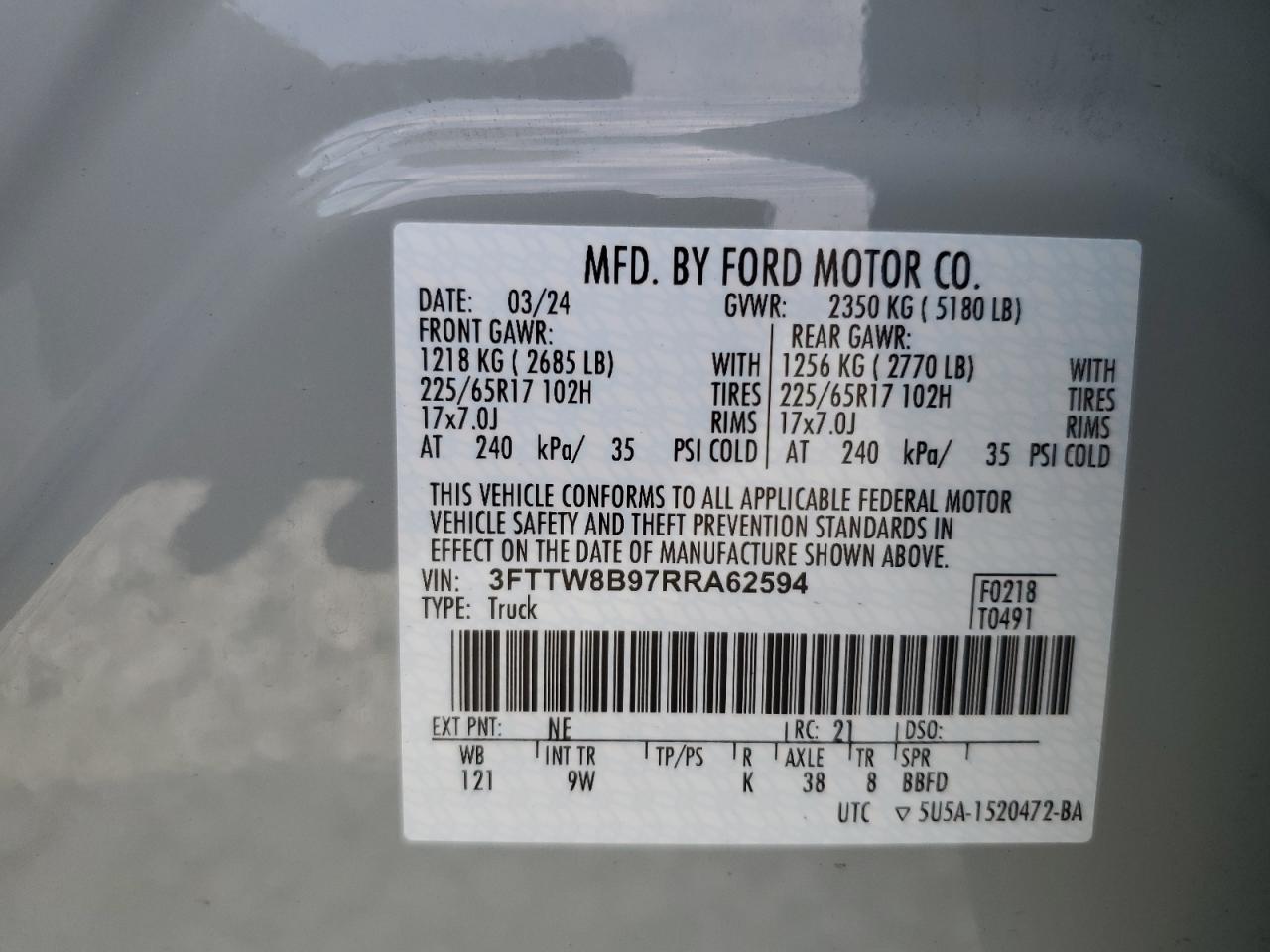 2024 FORD MAVERICK XL VIN:3FTTW8B97RRA62594