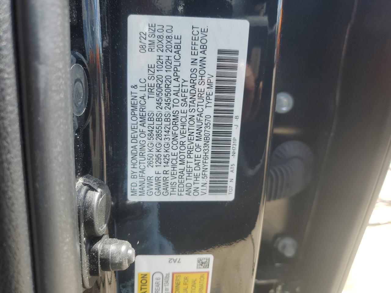 2022 HONDA PILOT SPORT VIN:5FNYF6H33NB073570