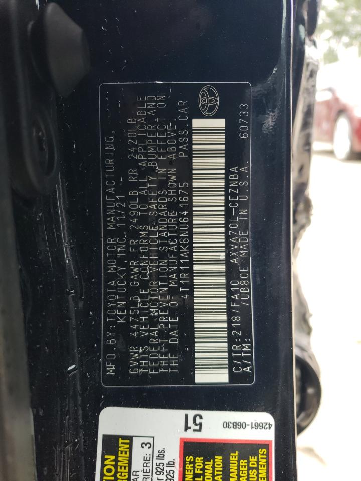 2022 TOYOTA CAMRY LE VIN:4T1R11AK6NU641675