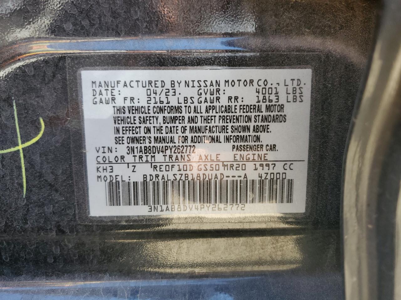 2023 NISSAN SENTRA SR VIN:3N1AB8DV4PY262772