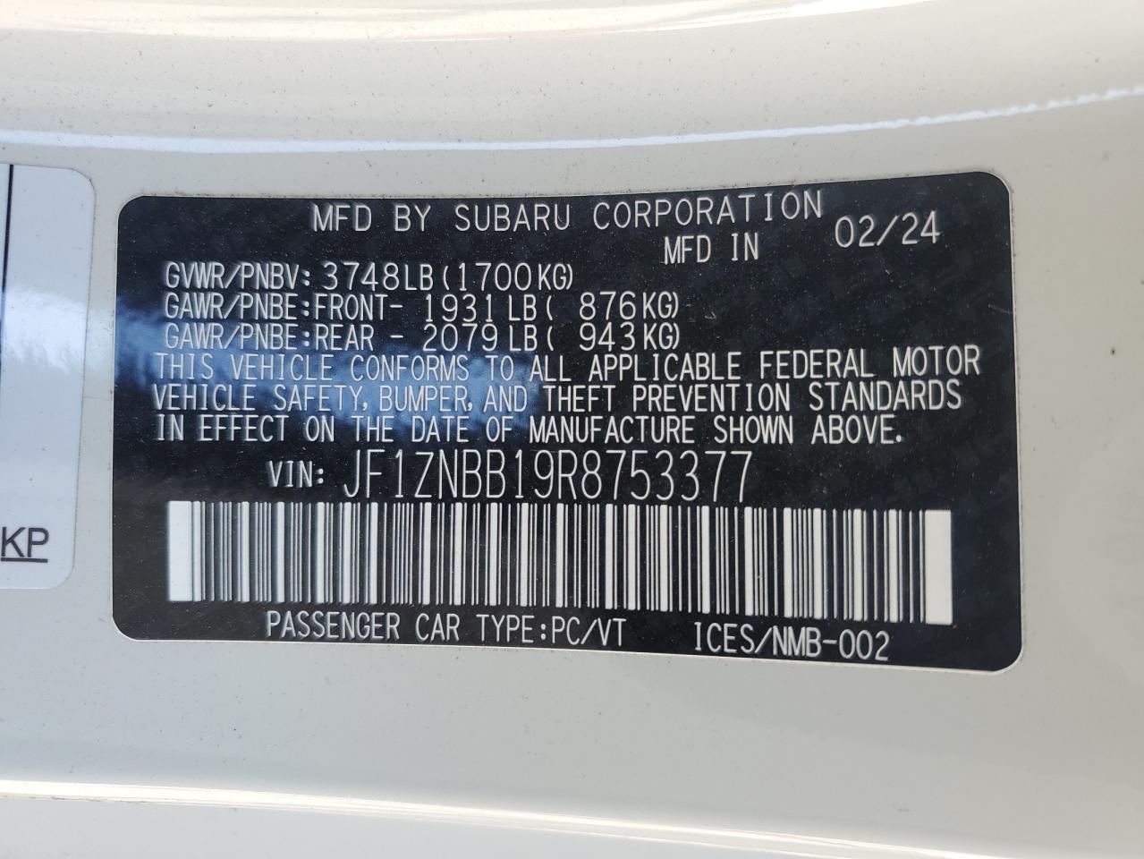 2024 TOYOTA GR 86  VIN:JF1ZNBB19R8753377